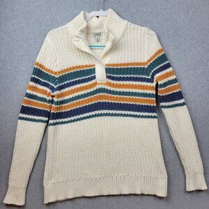 LL Bean Sweater Womens Medium Rope Stitch Shaker Striped Henley Chunky Preppy